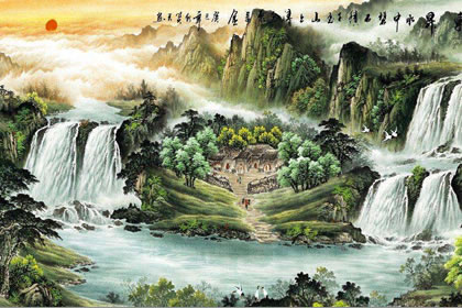 五行缺金办公室挂画三:聚宝盆山水画.